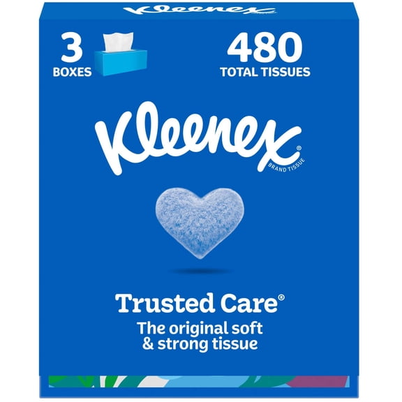 Kleenex Trusted Care Facial Tissues, 3 Flat Boxes, 160 Tissues per Box, 2-Ply