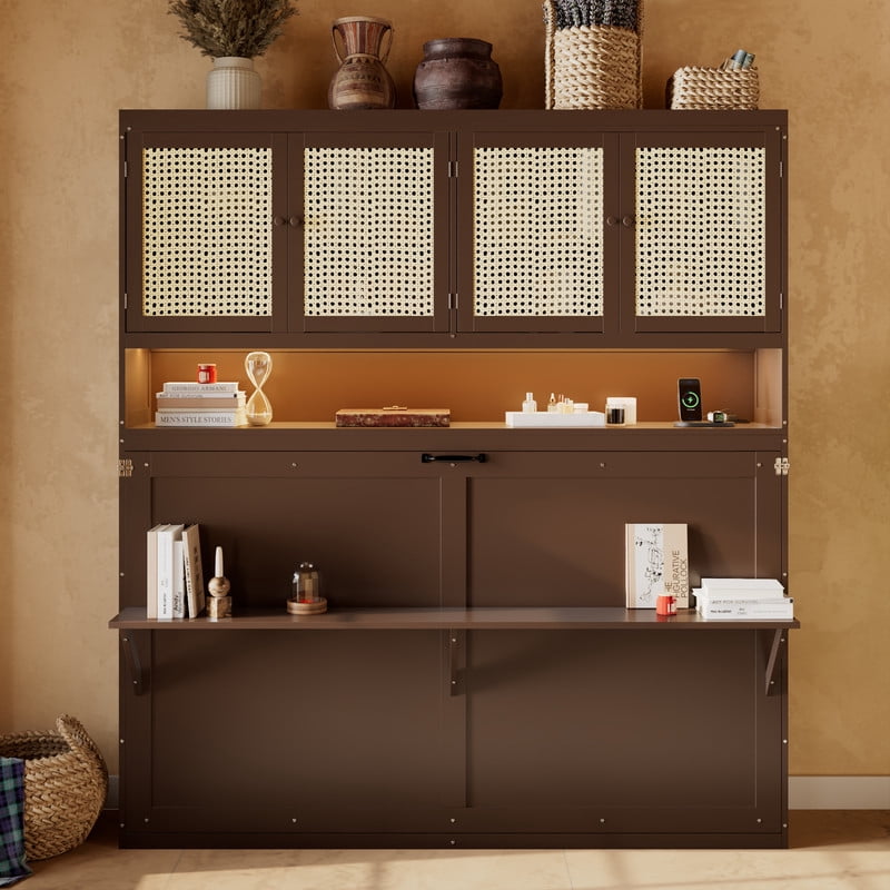 Twin Size Storage Murphy Bed with Cabinets w/ Rattan Door, Foldable Platform Bed Frame with Built-in Light & Charge Station