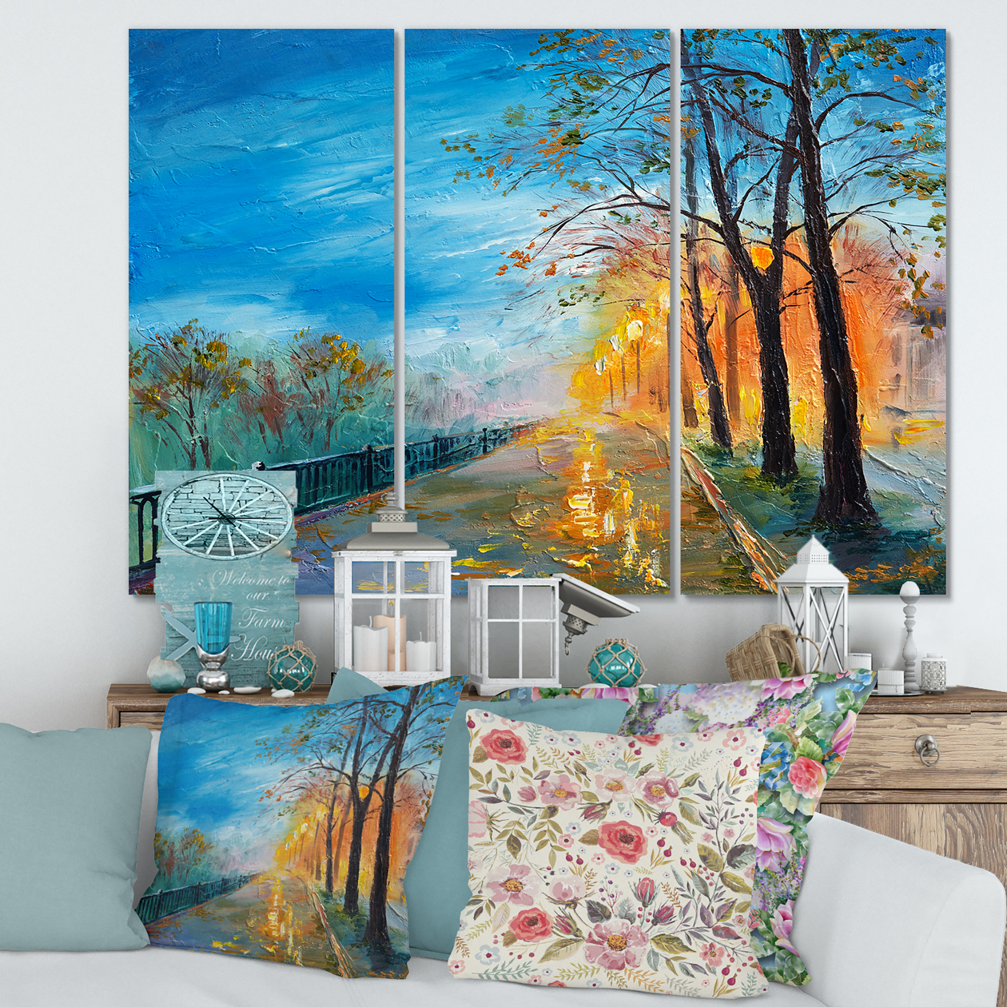 Designart ' Autumn Road in Evening ' Traditional Canvas Wall Art Print
