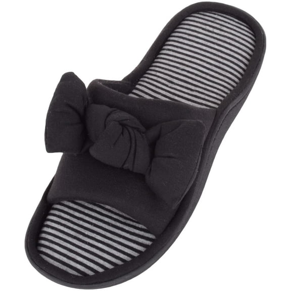 ABSOLUTE FOOTWEAR Womens Slip On Peep Toe Open Back Mule Slippers Sliders with Front Bow Design - Black - US 5