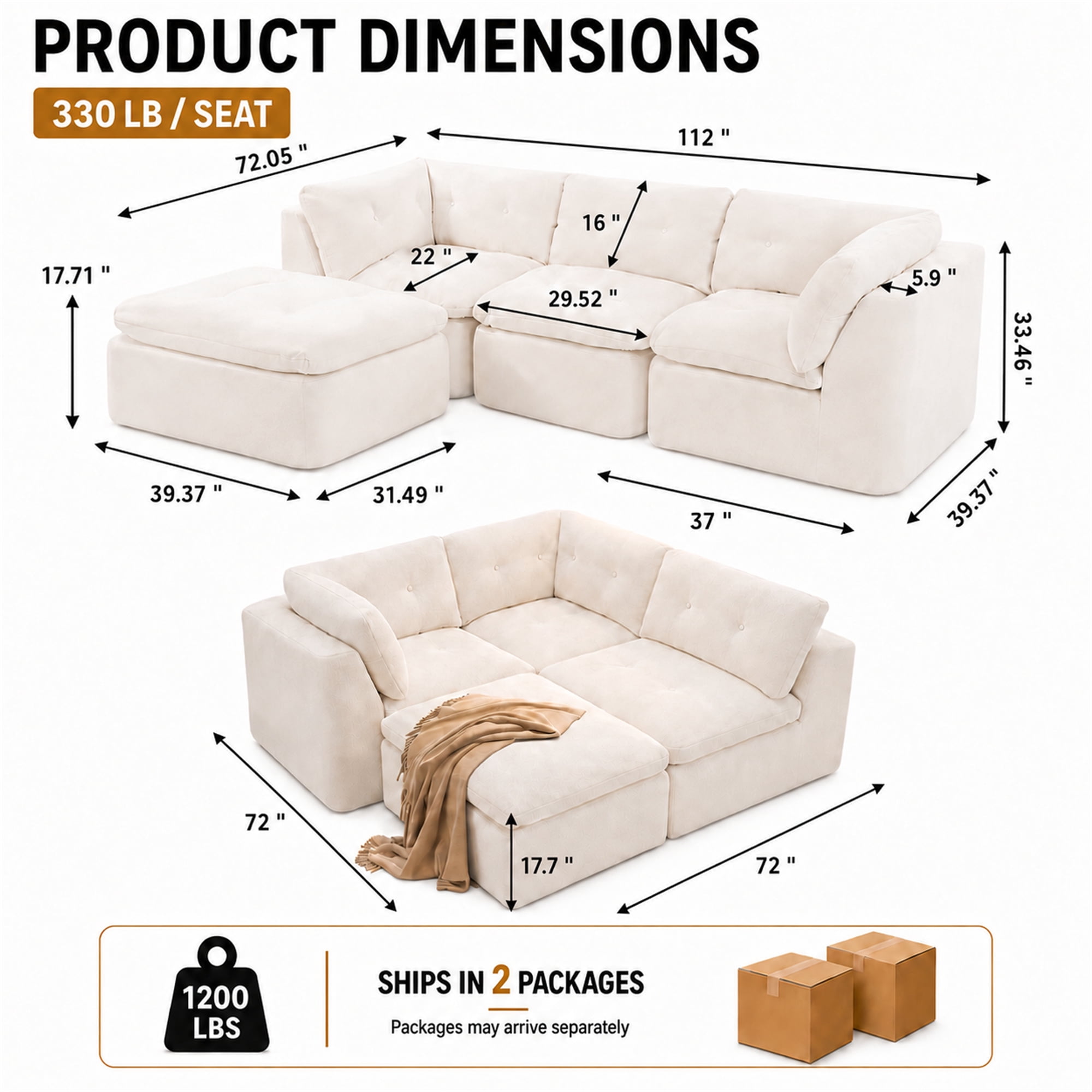 Aukfa 112" Cloud Sectional Sofa Oversized Modular Boneless Couch Reversible L-Shaped Couch for Living Room, Chenille, Beige