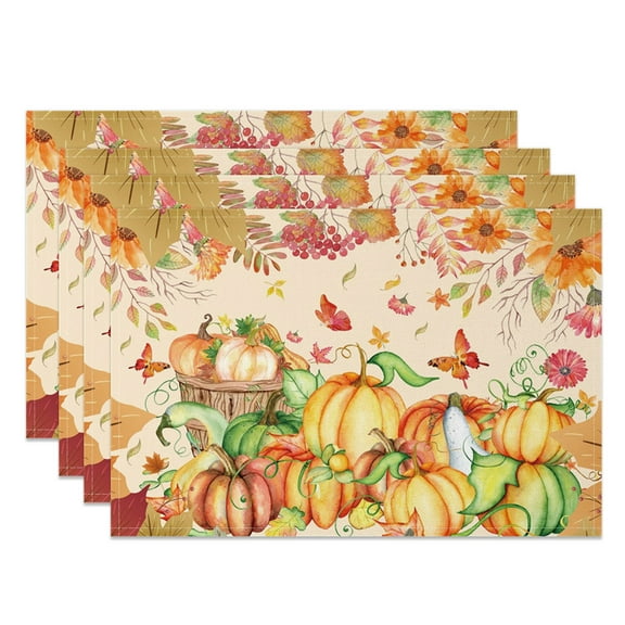 SUNOLIFE Fall Pumpkins Placemats Set of 4,Brown Autumn Thanksgiving Fabric Table Place Mats 12x18 inch
