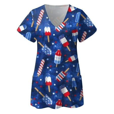 

TKing Fashion Womens Summer Plus Size Independence Day Short Sleeve V-Neck Printed Tops Scrub Tunic Working T-Shirt with Pocket Navy S