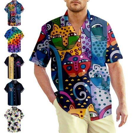 

MLFU Animal Print Boys Beach Short Sleeve Button Down Hawaii Shirts Front-Pocket Slim-Fit Blouses Plus Size Men