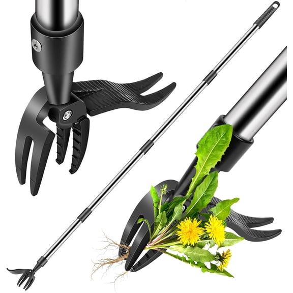 BSHAPPLUS® Stand Up Weed Puller Tool, 59" Adjustable Long Handle Heavy Duty Steel Weeder with 4 Claw Root Remover, No Bending Back Pain Relief Weed Removal Tool for Lawn Garden Seniors