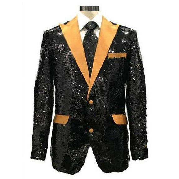 Mens Black ~ Gold Shiny Pattern Satin Peak Lapel Reversible Sequin Blazer