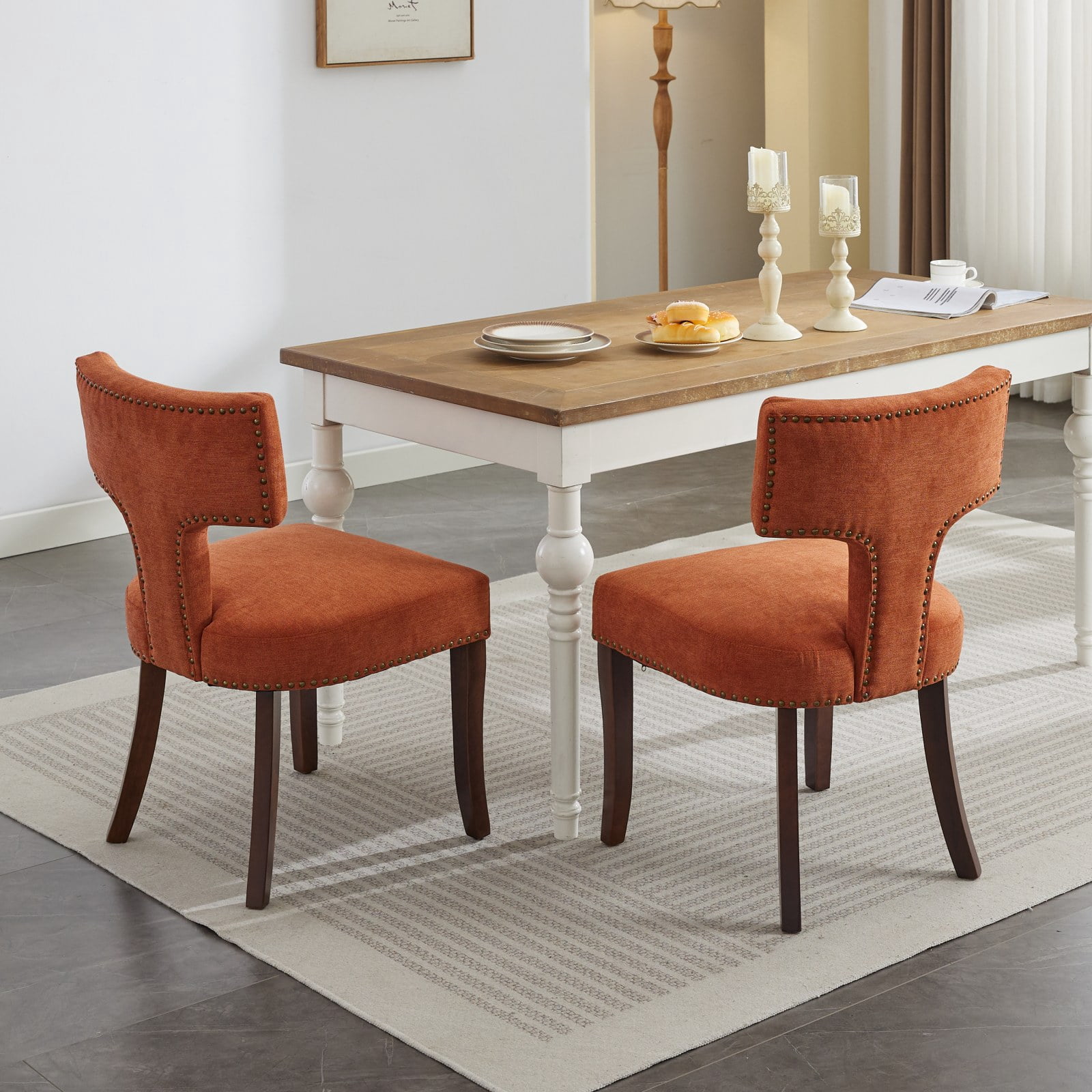 MAYEERTY Mid-Century Modern Dining Chairs - Farmhouse Linen, Curved Back, Copper Nails, Hardwood Frame, Orange, Set of 2