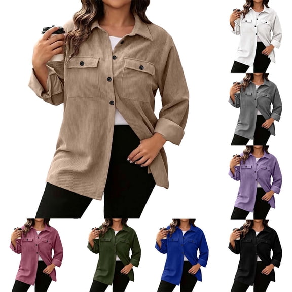 Jackets for Women Casual Oversized Corduroy Button Down Jacket Solid Color Long Sleeve Lapel Collar Outerwear with Pockets Casual Fall Clothing