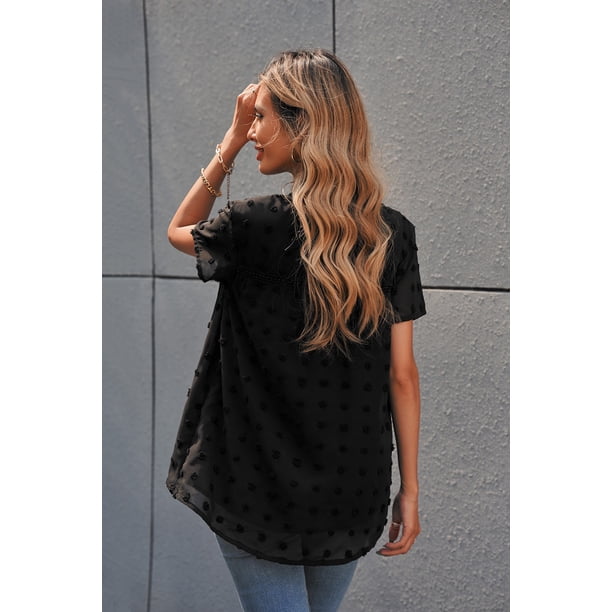 ABPHQTO Top fluido negro de manga corta con lunares suizos para mujer