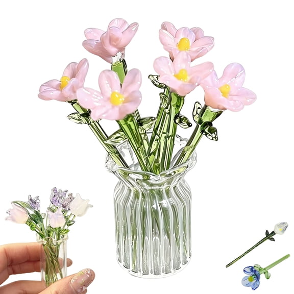 Mini Glass Flowers in Vase,Tiny Glass Flowers in Vase,Miniature Glass Flower with Vase for Women,Cute Small Glass Flower Bouquet for Home Office Table Decor (B)