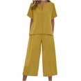 thumbnail image 3 of Women's Cotton Linen Short Sleeve Wide Leg Cropped Pants Suit, 3 of 8