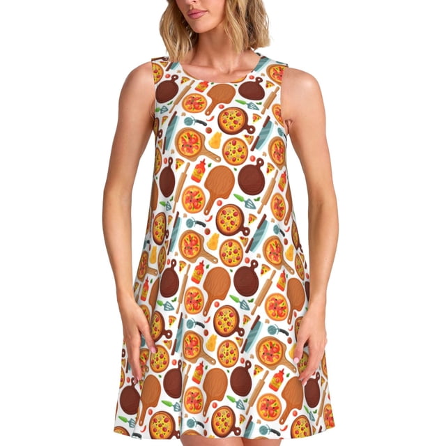 Balery Hot Fresh Pizza Vestidos de verano para mujer con estampado: vestido holgado sin mangas, vestido playero informal y cómodo para días calurosos.