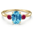 thumbnail image 3 of Gem Stone King 10K Yellow Gold Swiss Blue Topaz and Red Created Ruby 3-Stone Ring for Women | 1.58 Cttw | Oval Checkerboard 8X6MM | Gemstone November Birthstone | Size 9, 3 of 6