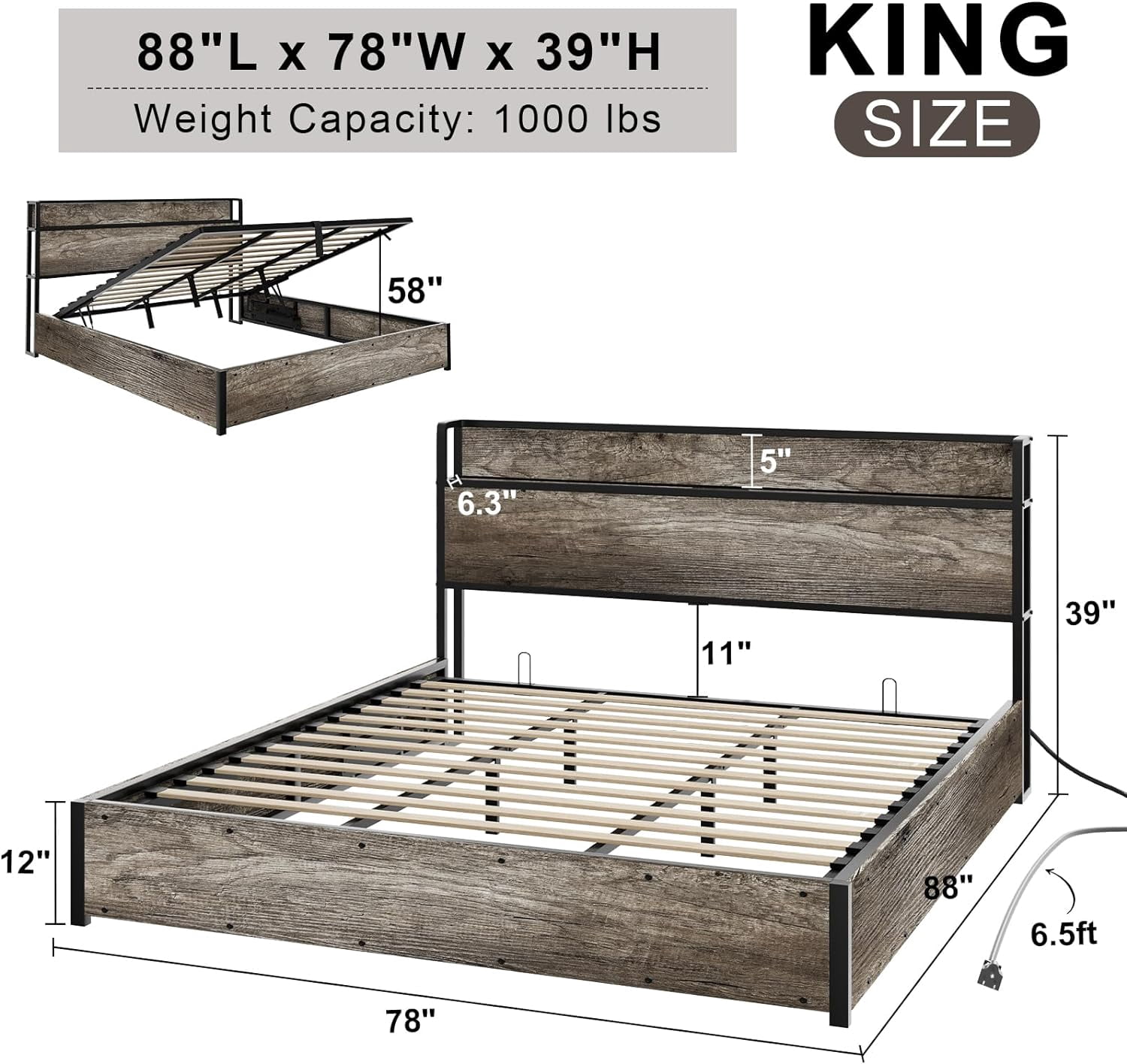 VanAcc King Size Lift up Storage Bed Frame, Wooden Platform Bed Frame with Lifting Storage & Charging Station, Noise Free, rustic grey