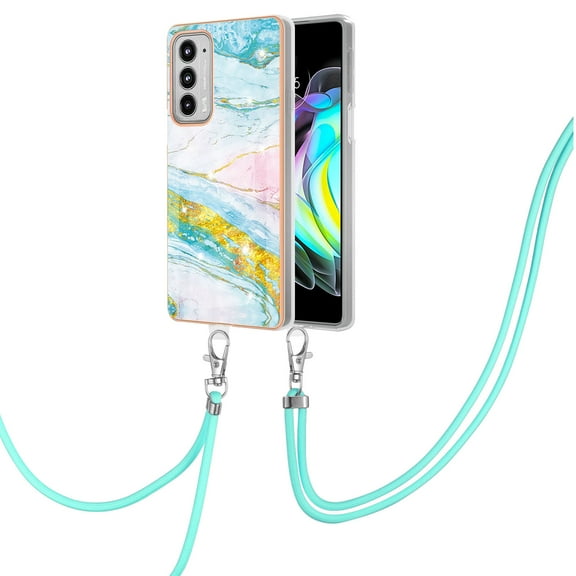 Allytech Moto Edge 20 Case, Luxury Marble Pattern Rubber TPU Shoulder Strap Lanyard Drop Protection Anti-scratch Shock-absorbing Back Cover Case for Motorola Moto Edge 20, Green Pink