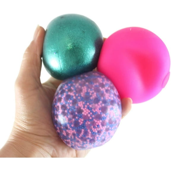 Sampler Pack of 3 Different 2.5" Stress Balls - Confetti, Metallic, Doh, - Squishy Gooey Shape-able Squish Sensory Squeeze Balls OT (RANDOM COLORS)