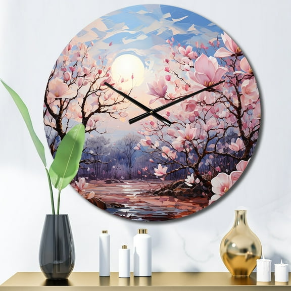 Designart "Pink Blue Magnolias landscape Pointillism Dot" Floral Oversized Wall Clock