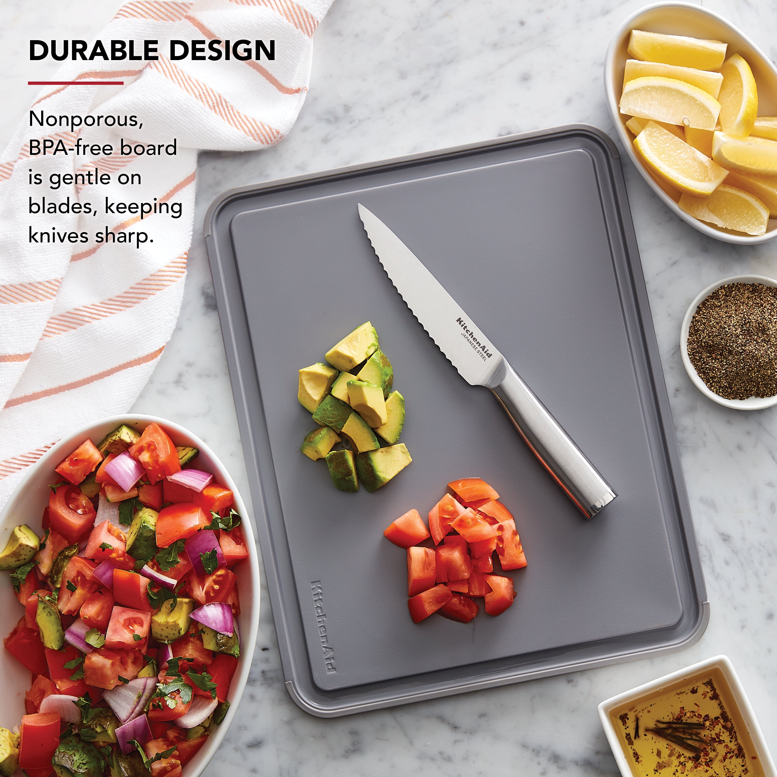 KitchenAid Classic Plastic Cutting Board with Trench, Non-Slip Edges, Dishwasher Safe, 11x14, Charcoal Gray