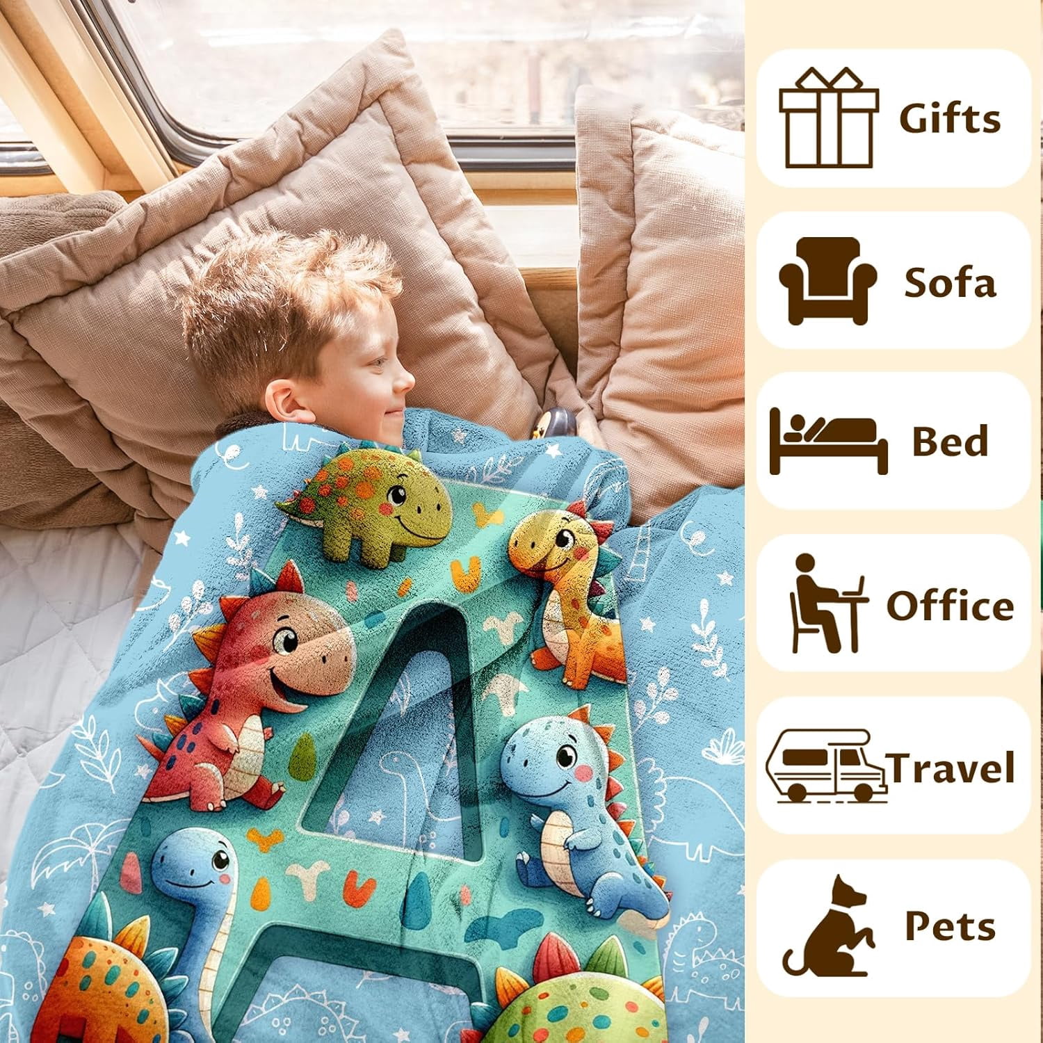 Custom Monogram Blanket, Cute 80 x 60 Inches Soft Cozy Dinosaur Blanket Gift for Boys, Dinosaur Lovers, Soft Warm Fuzzy Throw Blanket for Bed, Living Room, Home Decor