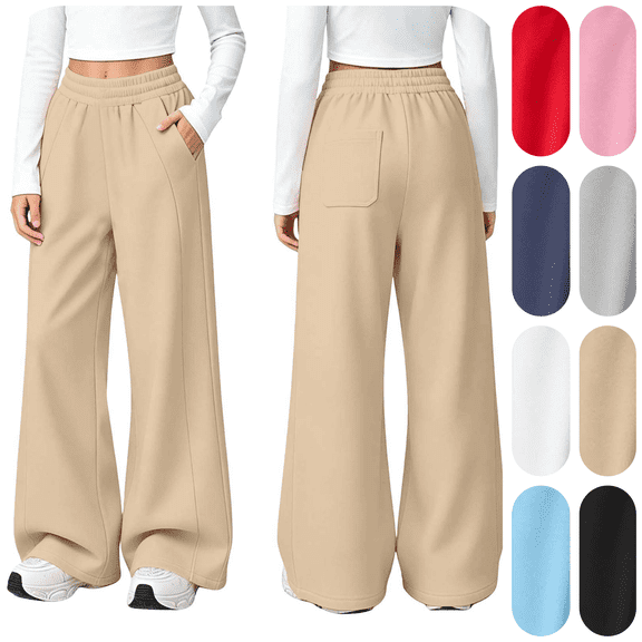 Sentuca Girls Wide Leg Sweatpants Baggy Fleece Elastic Waist Track Pants with Pockets Casual Y2k Streetwear Kids Trousers Size 10-11 Years Beige