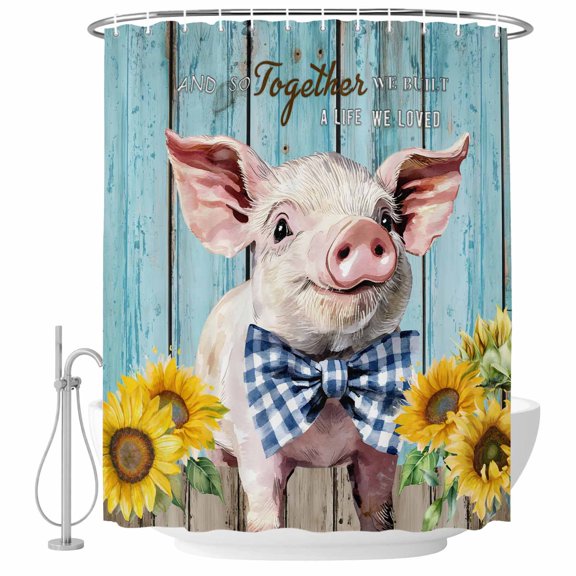 Cute Pig Shower Curtain, Waterproof Shower Curtains for Bathroom, Yellow Sunflowers Blue Wooden Vintage Art Washable Fabric Bathtub Curtain Set Bath Decor with 12 Hooks Stall 36"x72"