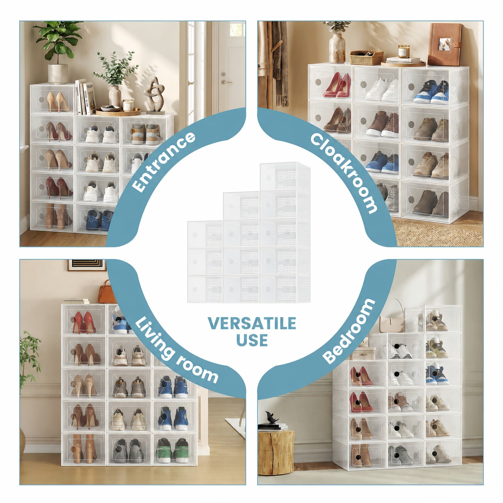 Kelno Stackable Shoe Box Organizer Ventilated Plastic Shoe Storage Bins up to US Size 11 for Closet Hallway Bedroom, White