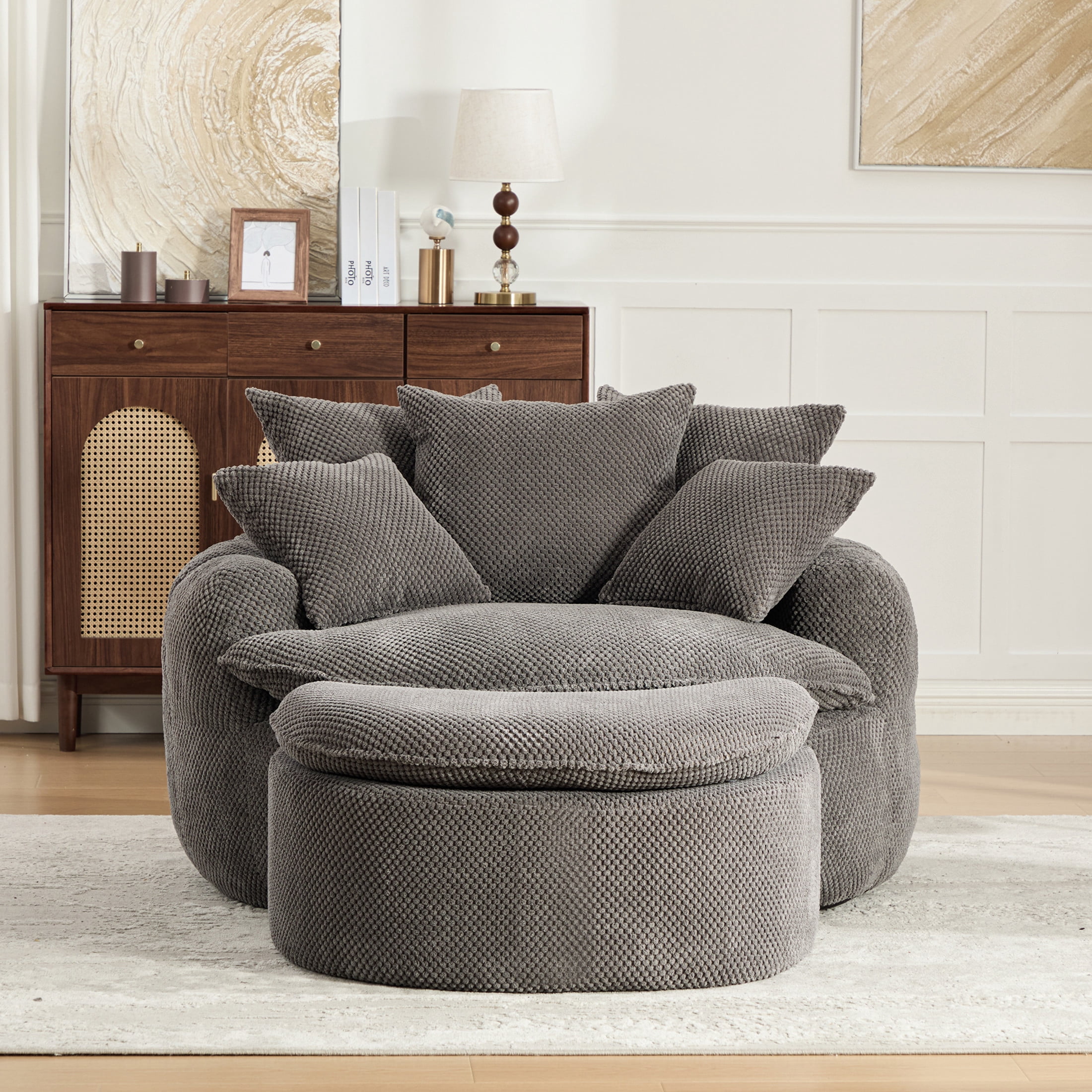 GDF Studio 53.15-Inch Oversized Pumpkin-Shaped Lounge Chair with Footstool Ottoman, Gray