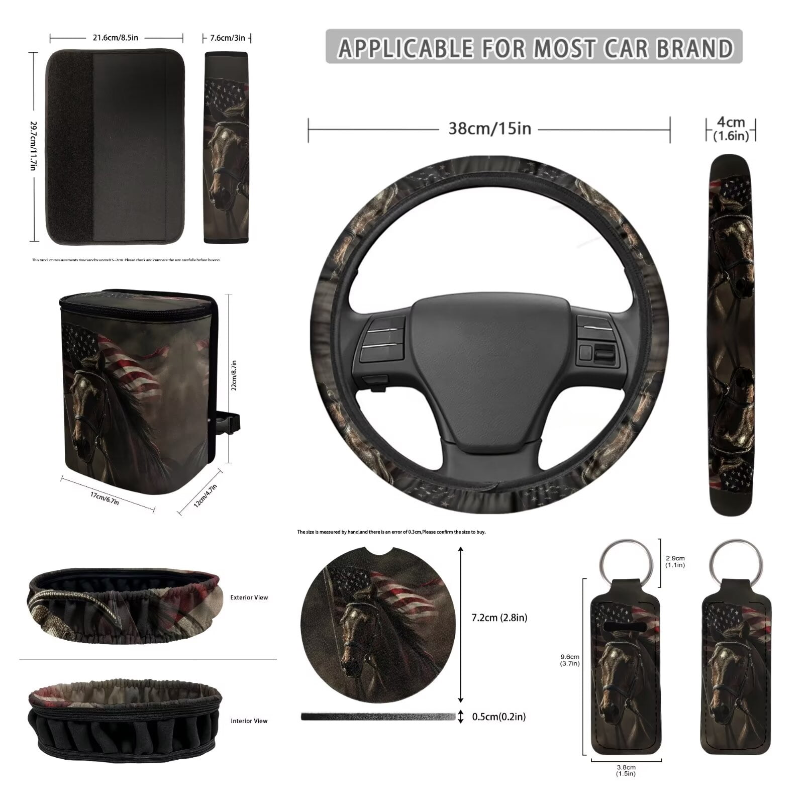 JOAIFO Boho Horse Car Seat Covers Full Set with Steering Wheel Cover American Flag Car Decor Black Car Essentials for Women Men Front Seat Covers Back Seat Organizer