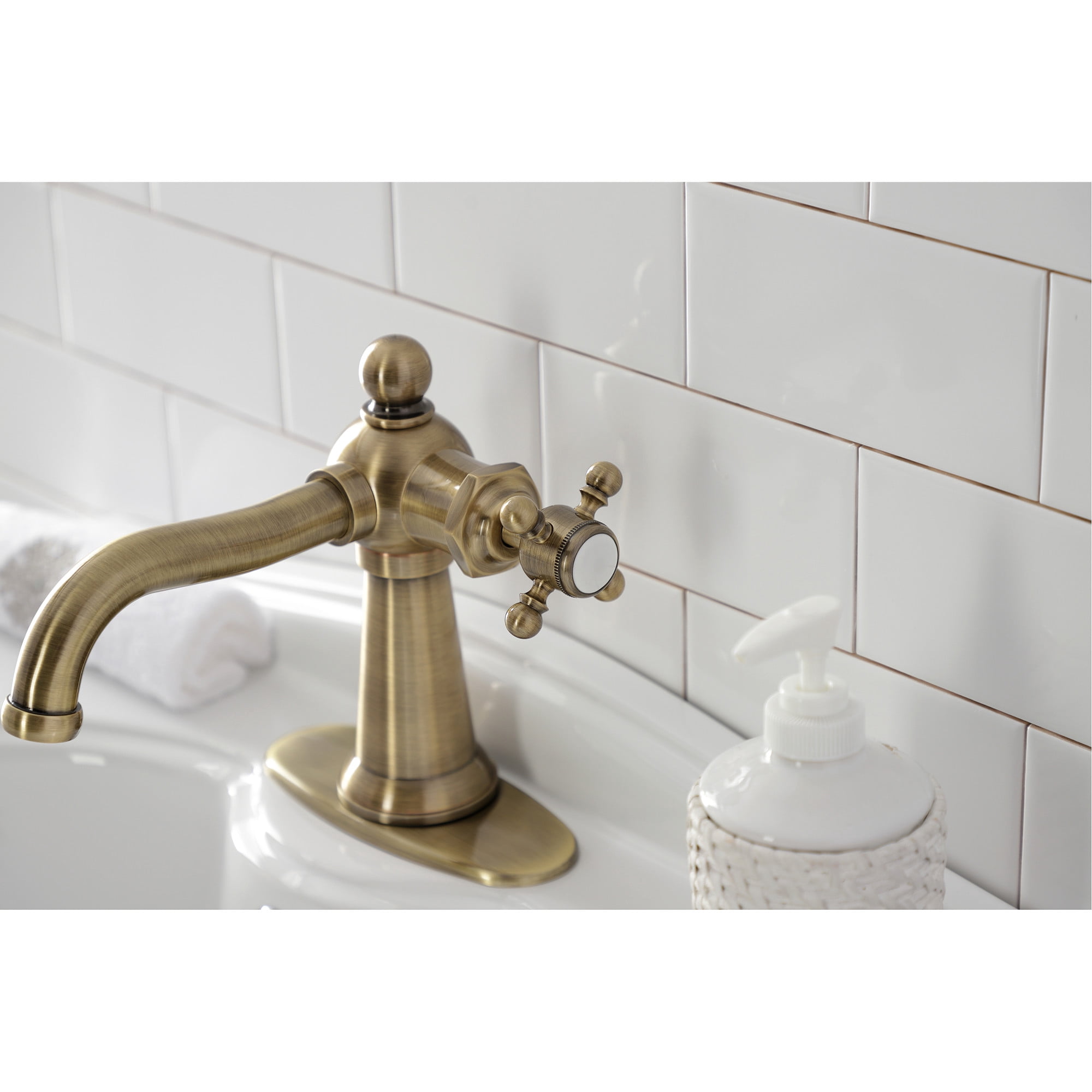 Kingston Brass KSD154BXAB Nautical One-Handle Single-Hole Bathroom Faucet with Deck Plate and Push Pop-Up Drain, Antique Brass