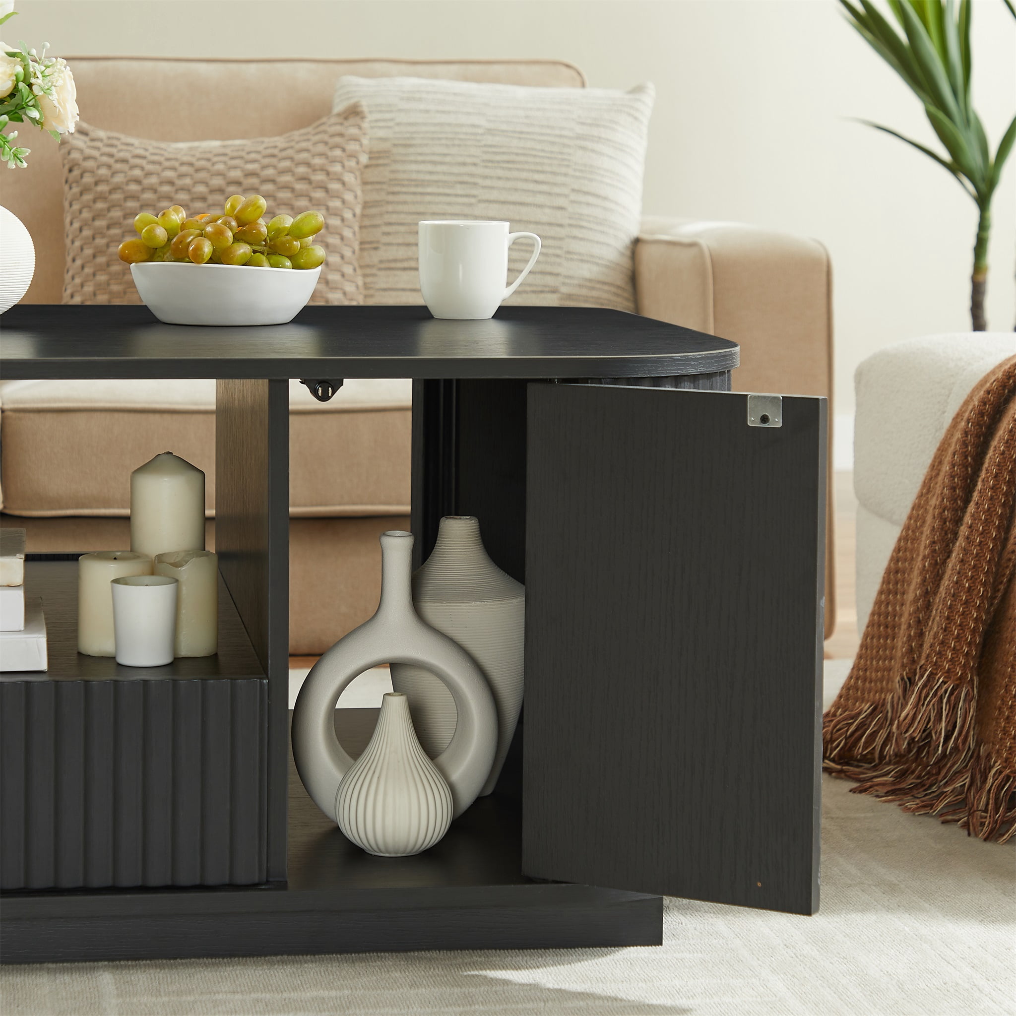 Homy Casa 46.5 in Modern Rounded Coffee Table with Drawer Cabinet Storage for Living Room Black