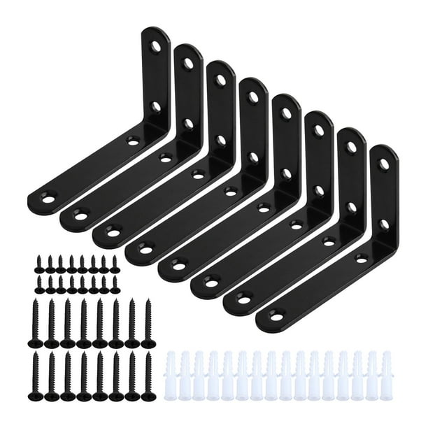 8 soportes de esquina para estantes en forma de L para cajones de baño y lavandería. Negro
