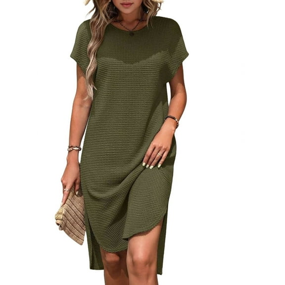 Ladies Summer Solid Color Slit Midi Dress Green L