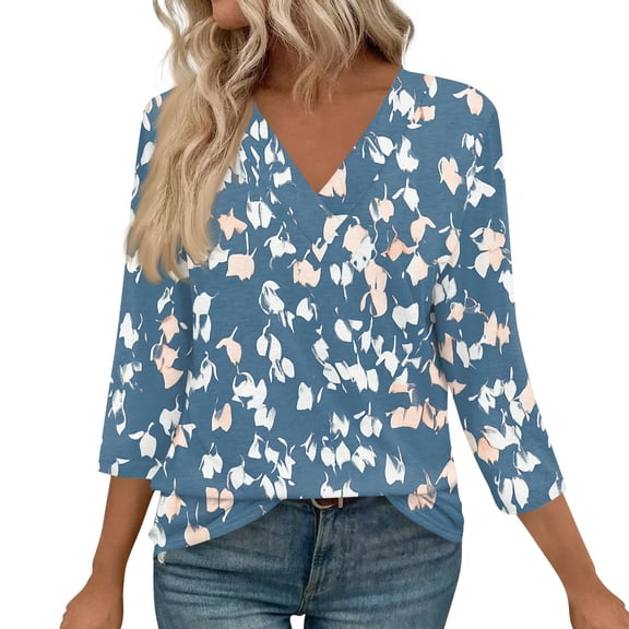 WTOBBY Women's Retro Botanical Print Top V-Neck 3/4 Sleeve Tunic Relaxed Fit Blouse with Lightweight Chiffon Fabric Comfort,Blue L