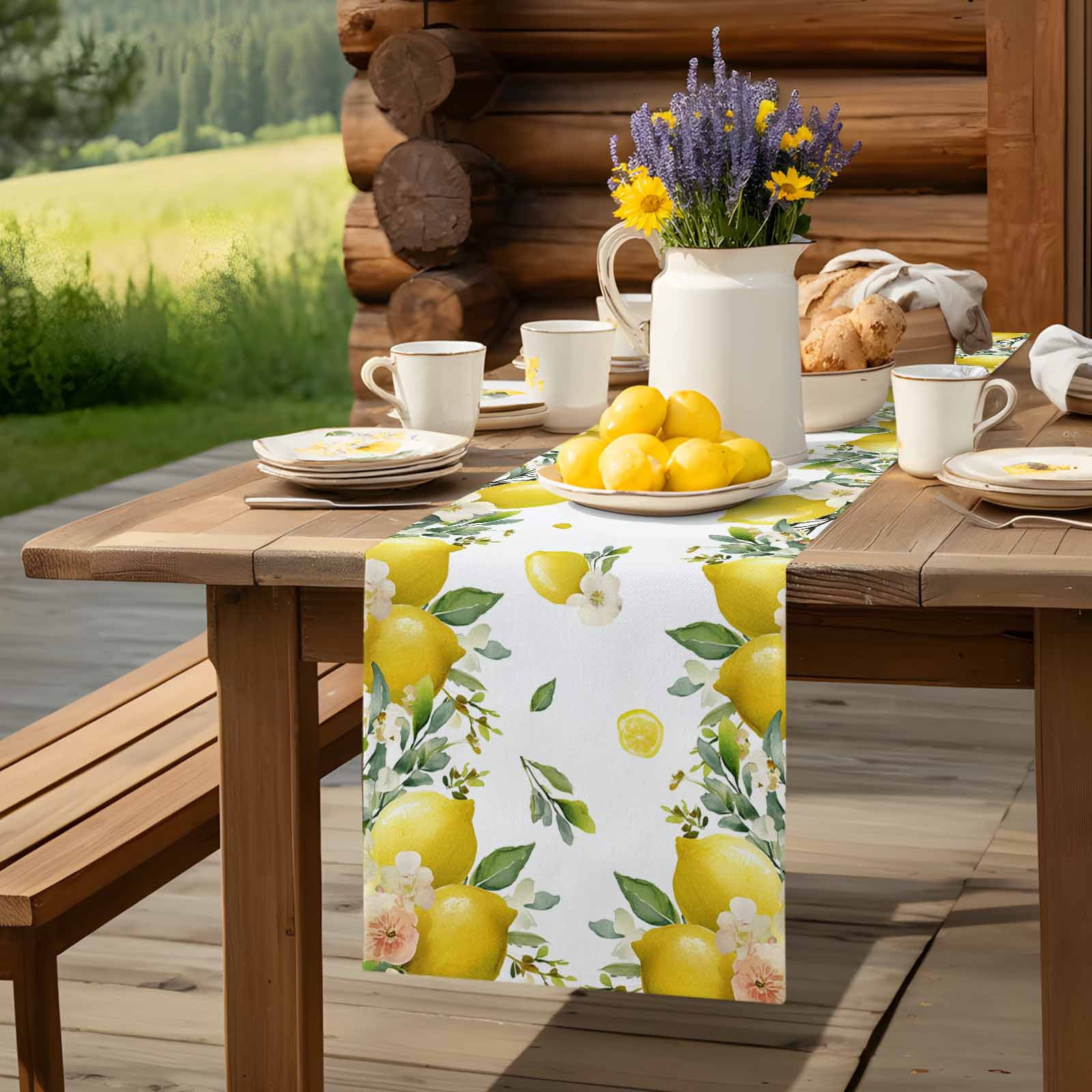 Watercolor Lemon Green Leaves Flower Table Runner 90 Inches Long, Farm Harvest Table Runners Tabletop Scarf Kitchen Dining Tables Decoration for Home Party Indoor Outdoor