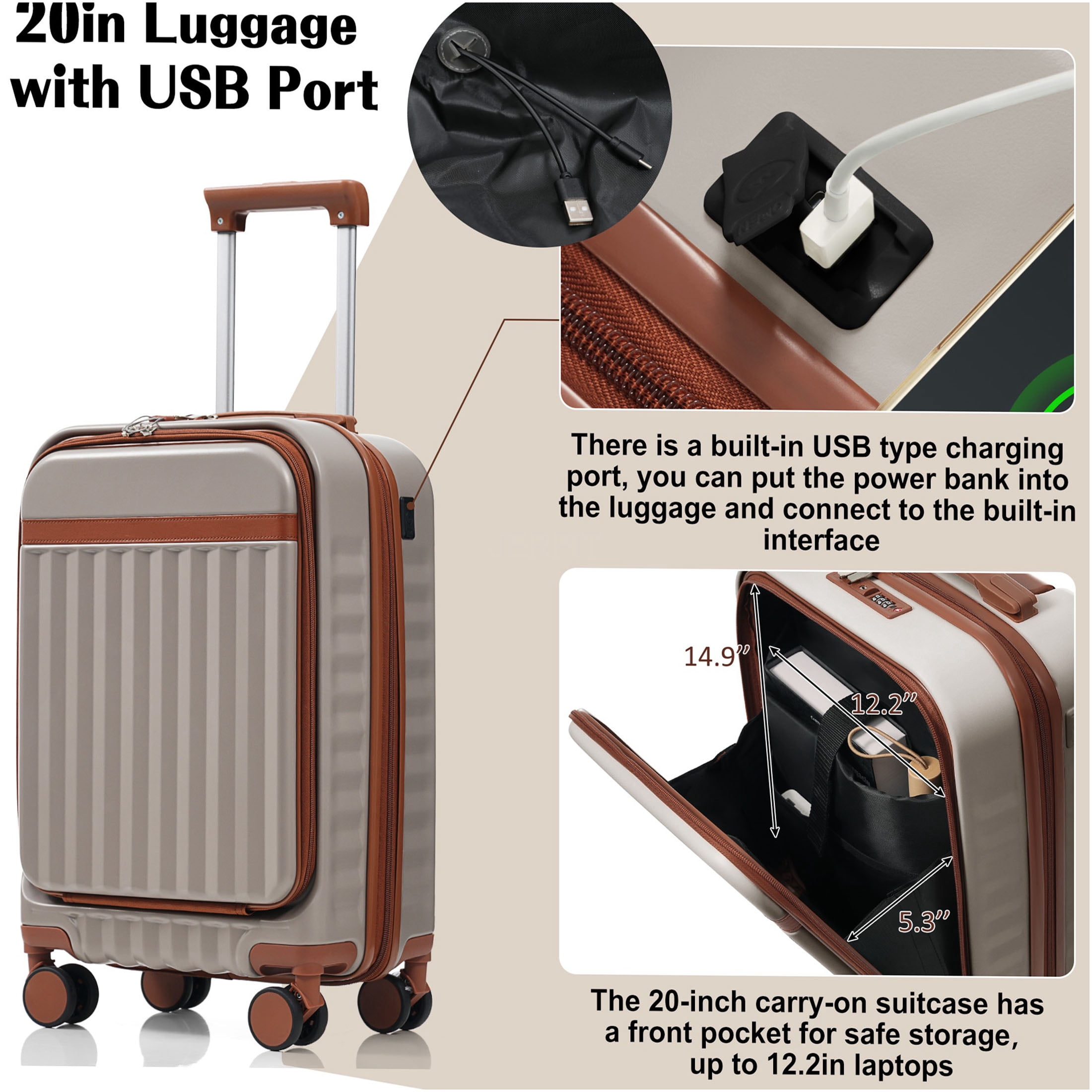 JERFIT 3-Piece ABS Hard Shell Luggage Set with USB Port & TSA Lock, Front-Opening Carry on Spinner Suitcases for Effortless Travel