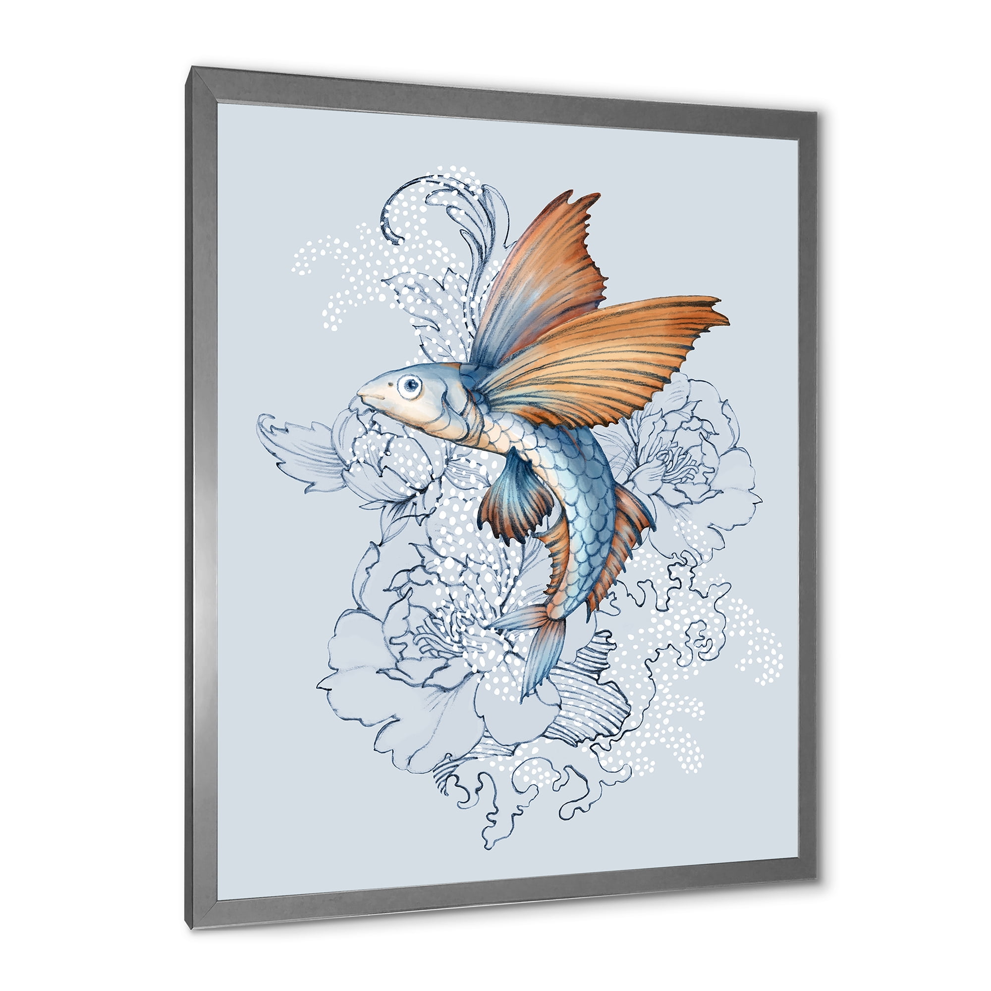 Designart 'Flying Fish and Peonies' Traditional Framed Art Print