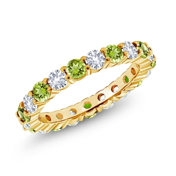 Gem Stone King 1.20 Cttw Round Green Peridot and White Created Sapphire Eternity Band Ring for Women | 18K Yellow Gold Plated Silver | Wedding Engagement Anniversary Promise Ring for Women| Size 8