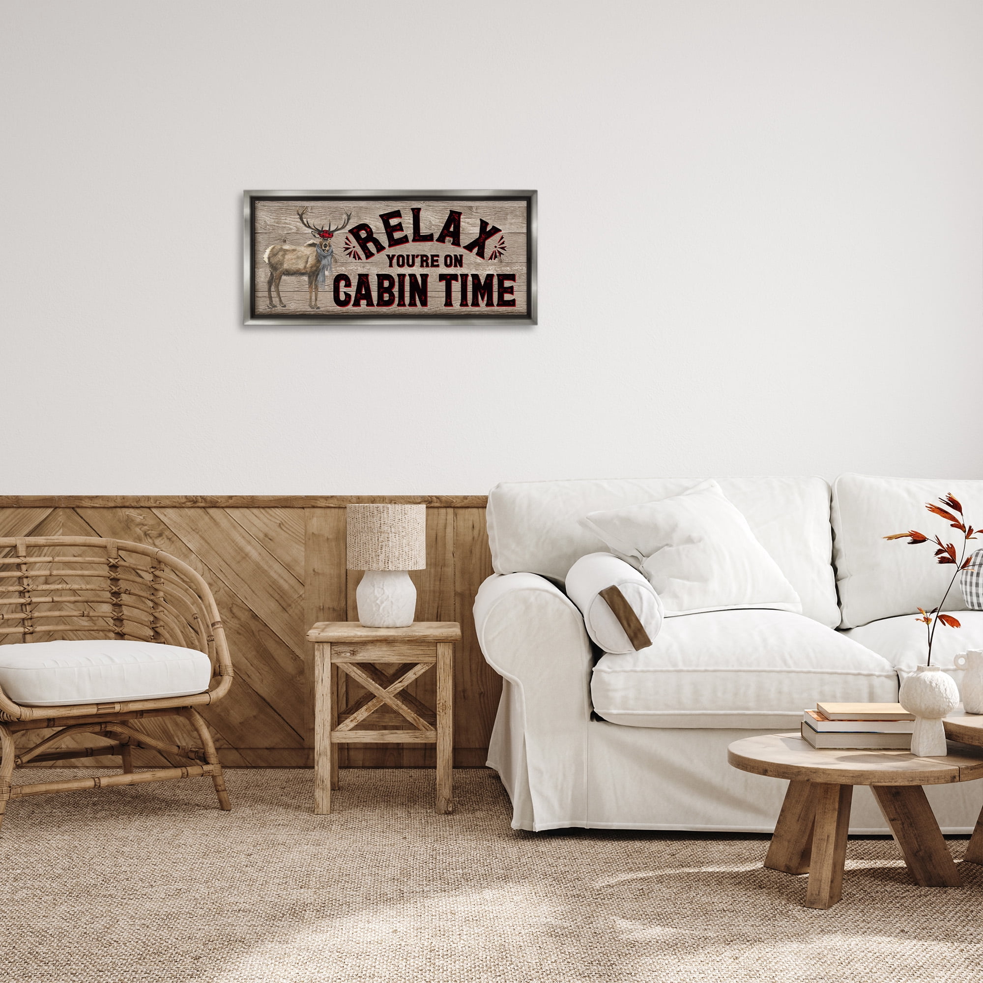 Stupell Industries Cabin Time Phrase with Deer Animals & Insects Painting Gray Floater Framed Canvas Art Print Wall Art, 25 x 11