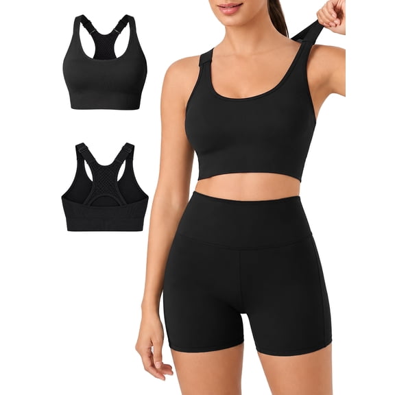 SHAPECQB Sports Bras for Women Racerback Adjustable Strap High Support Padded Workout Seamless Bra for Yoga Gym Black S‑2XL