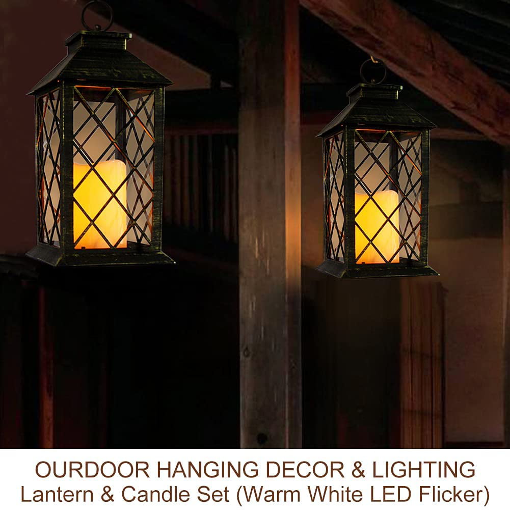 Tabletop Lantern Decorative LED Candle Lantern Outdoor Hanging Lanterns with Timer Candles Bright Zeal 2-Pack 14 Distressed Bronze Vintage Candle Lantern with LED Flickering Flameless Candle
