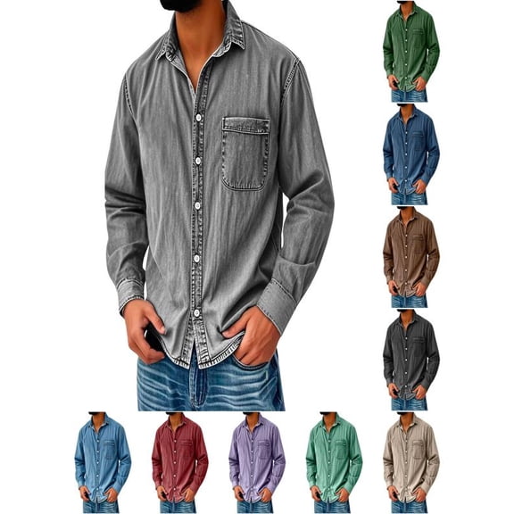 qelini Mens Casual Button Down Shirts Long Sleeve Washed Distressed Denim Jacket Cotton Solid Collared Tops