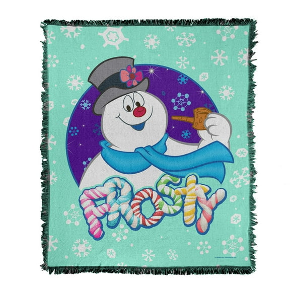 Frosty The Snowman Blanket, 50'x60' Frosty Flakes Woven Tapestry Cotton Blend Fringed Throw