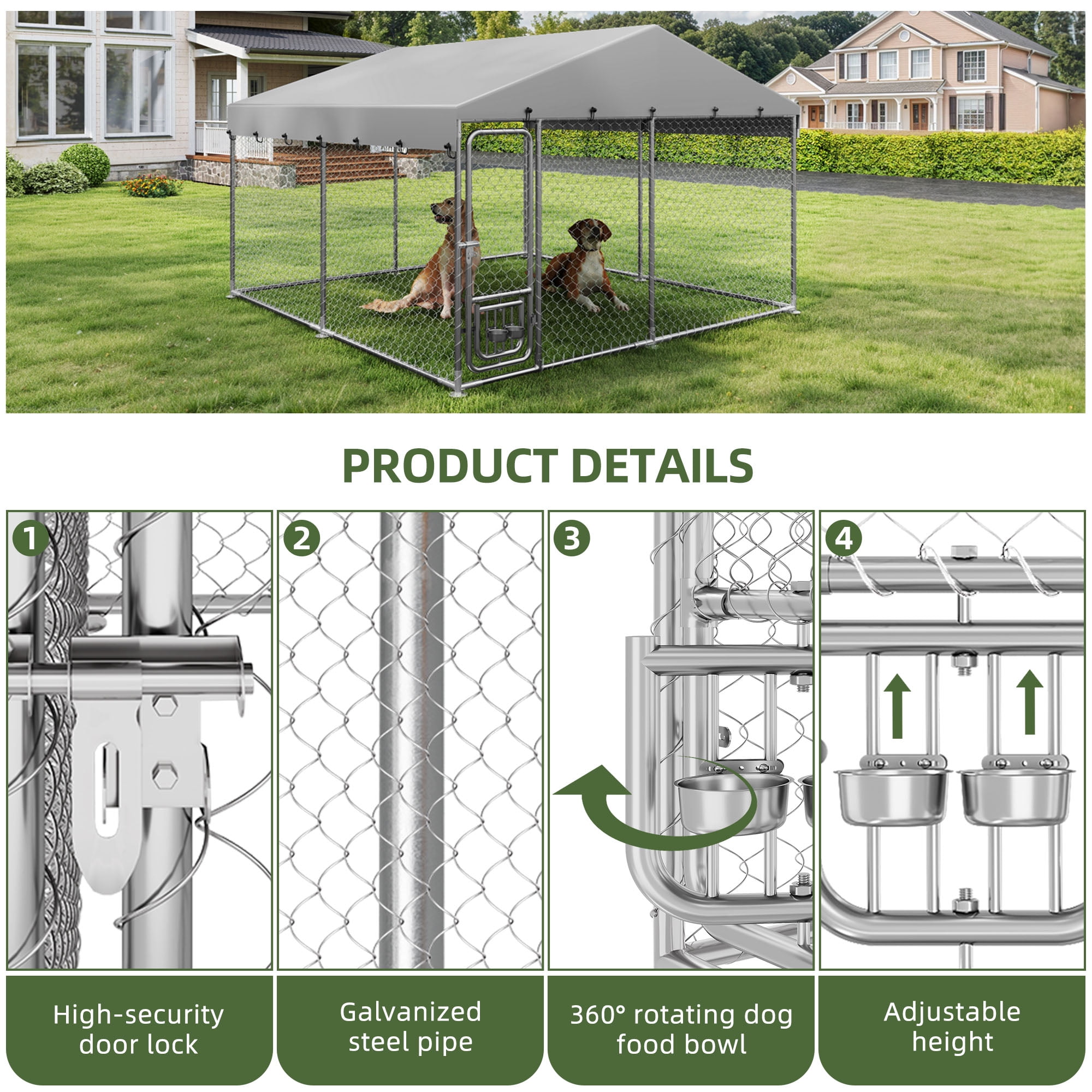 Uforic 10'x10' Large Outdoor Dog Kennel with Rotating Feeder Bowls, Outdoor Dog Enclosure with Roof, Heavy Duty Dog Kennel for Backyard Farm