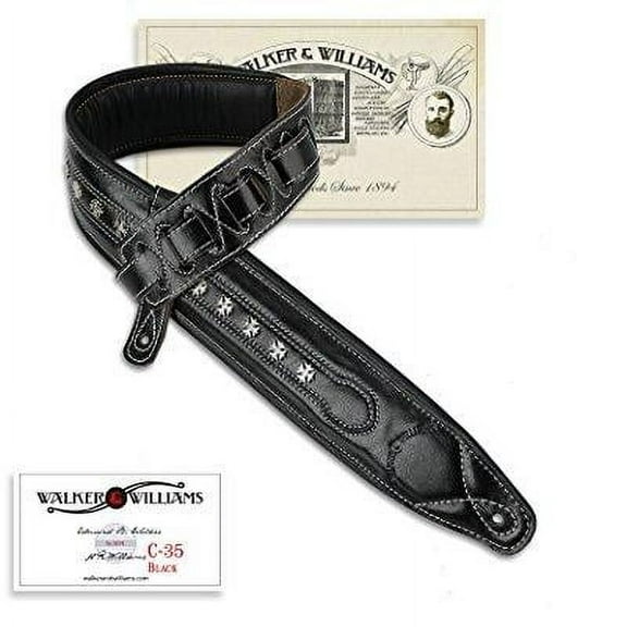walker & williams c-35 black super premium top grain leather padded strap with metal studs
