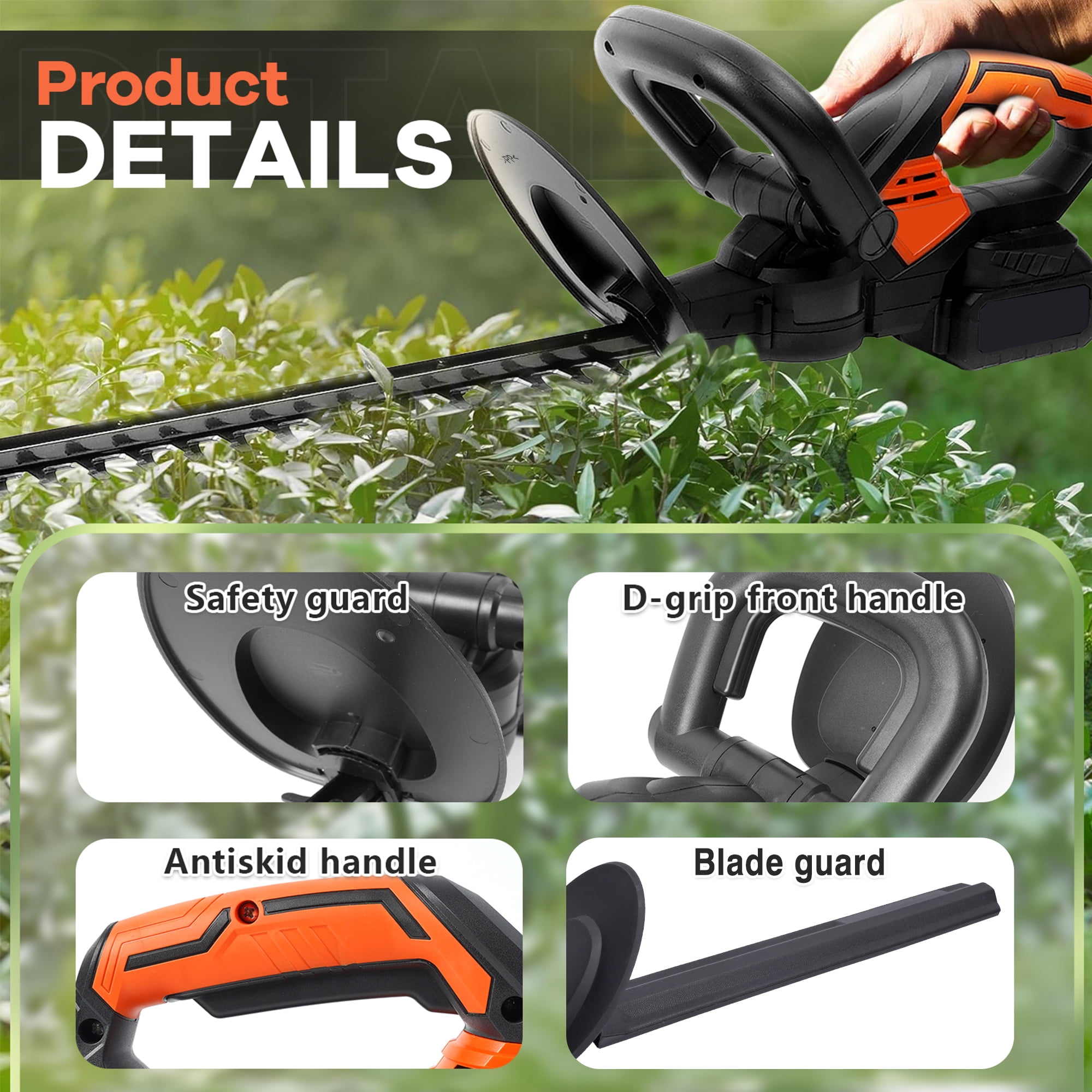 Hedge Trimmer Cordless , HDJ 21-Inch Steel Blade Max Cordless Hedge Trimmer with 2 Battery and Fast Charger, Electric Hedge Trimmer Cordless, Black and Orange