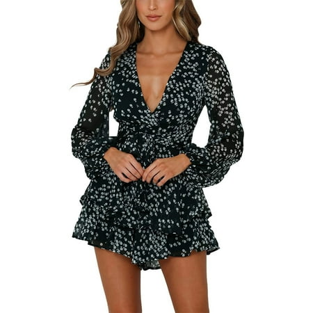 

Tejiojio Active Women s Summer Clearance Women Printed Beach Jumpsuits Deep V-Neck Long Sleeve Bandage Knot Ruffle Hem Floral Rompers