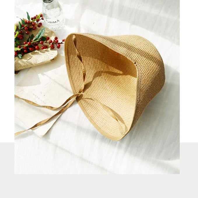 French Straw Bonnet Cap for Women Victorian Sun Hat Chin Strap Foldable Ladies Vacation Summer Beach Bucket Hats