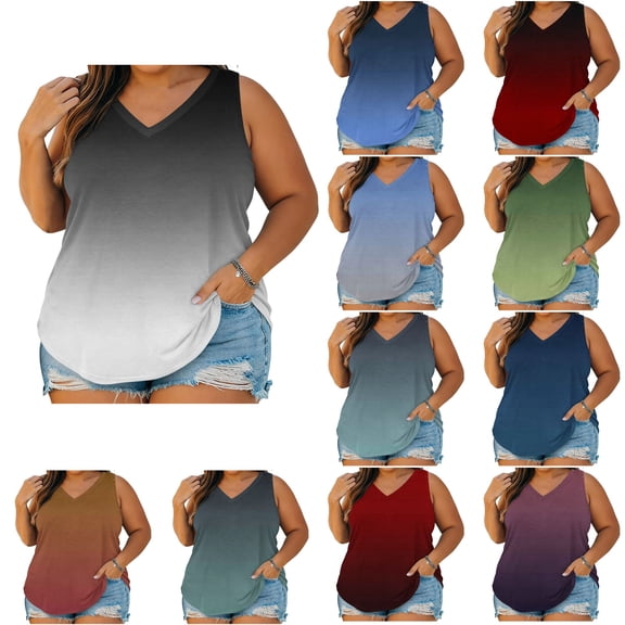 SROBPTY Womens Plus Size Tank Tops Print V Neck Sleeveless Gradient Summer Shirts for Everyday Wear