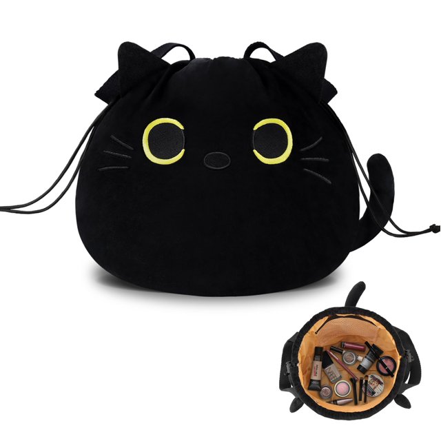 Bolsa de maquillaje Cantustime Funny Cat de gran capacidad, color negro