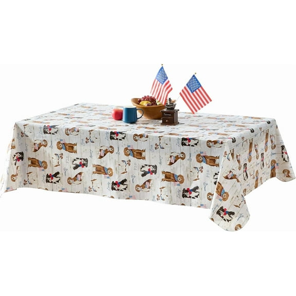 Newbridge Patriotic Dogs and American Flag 52 x 52 inch Square Vinyl Flannel Backed Tablecloth